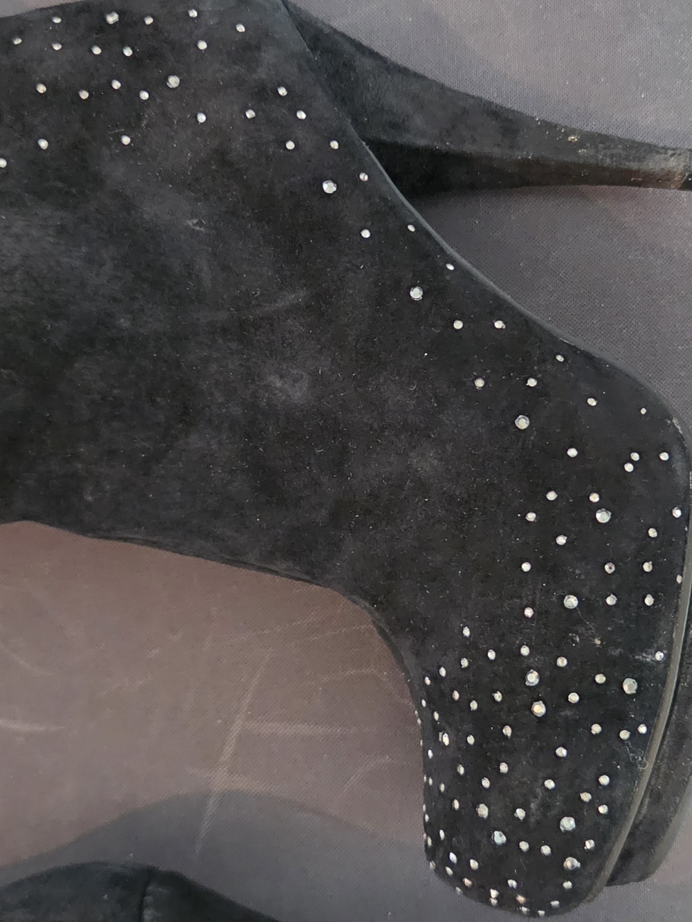 Two Lips Black Suede Rhinestone Ankle Boots